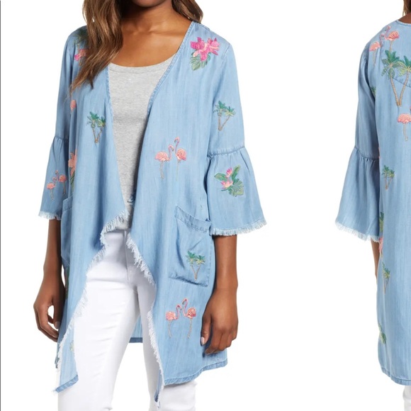 Flamingo Embroidered Chambray Kimono - Picture 1 of 5